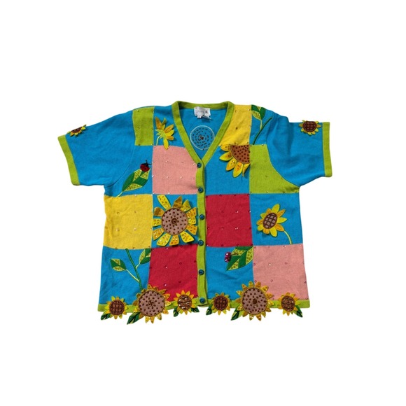 Just B Sweaters - Y2K Colorful Sunflower Patchwork Cardigan Sweater – Size XL
